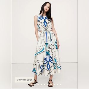 Cotton Poplin Cut-Out Midi Dress Size Small In Blue & White Tile Print By BR